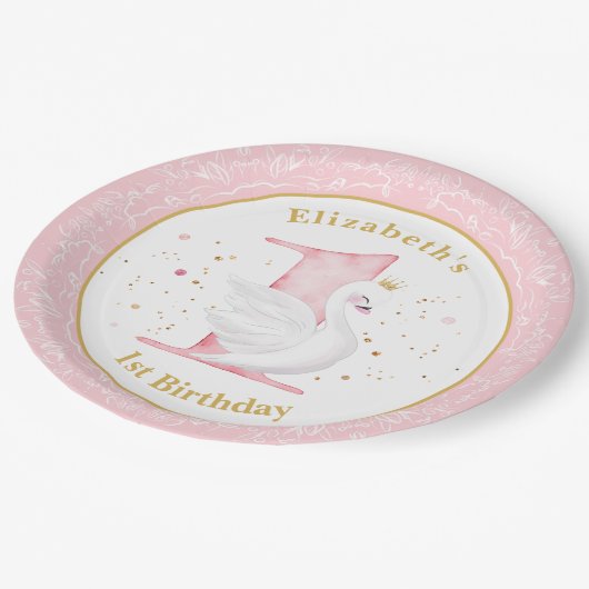 ウォーターカラースワンプリンセス第1誕生日紙プレート ペーパープレート (アングル)