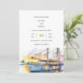 ウォーターカラーソフトサンセットスカイセーリングボートビーチ結婚式 招待状 (スタンド正面)
