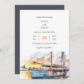 ウォーターカラーソフトサンセットスカイセーリングボートビーチ結婚式 招待状 (正面/裏面)