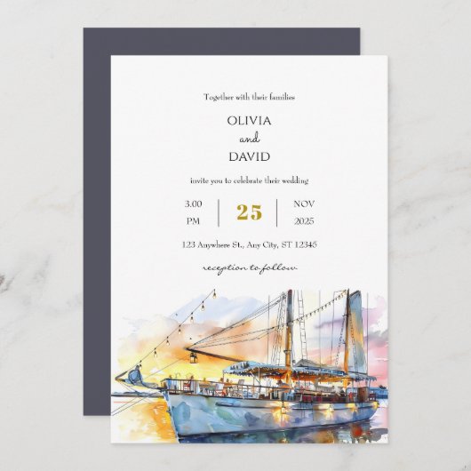 ウォーターカラーソフトサンセットスカイセーリングボートビーチ結婚式 招待状 (正面/裏面)