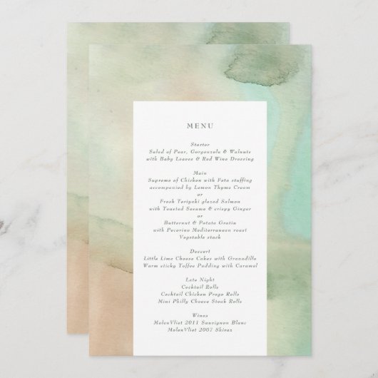 ウォーターカラーソフトパステルビーチ結婚式 メニュー (正面/裏面)