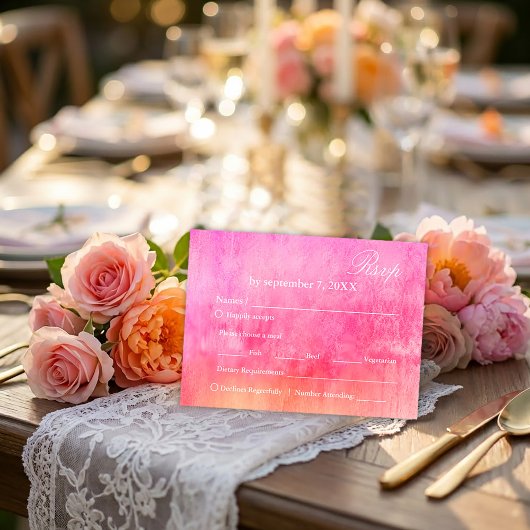 ウォーターカラーソフトピンクとオレンジの結婚式RSVP  出欠カード
