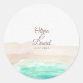 ウォーターカラーターコイズサンディビーチ結婚式 ラウンドシール (正面)
