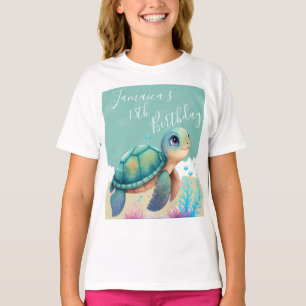 ウォーターカラータートルオーシャン誕生日パーティTシャツ Tシャツ