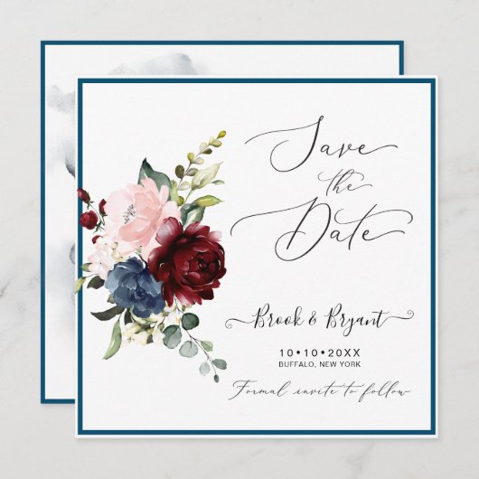 ウォーターカラーダスティブルーバーガンディ赤面バラ 招待状 (正面/裏面)