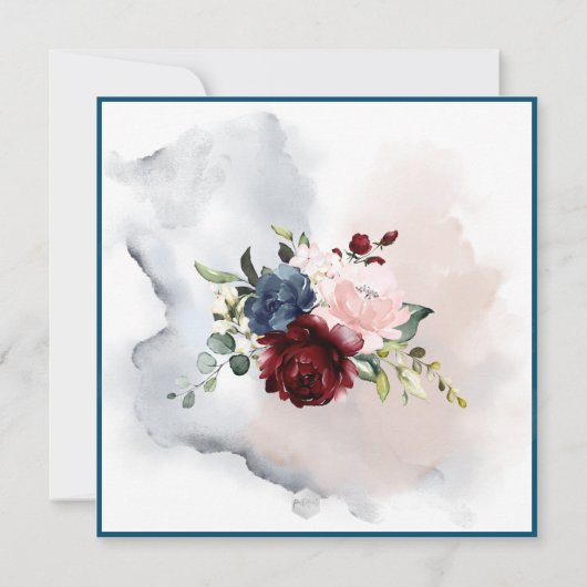 ウォーターカラーダスティブルーバーガンディ赤面バラ 招待状 (裏面)