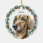 ウォーターカラーダッシュントパーソナライズされたホリデーリース セラミックオーナメント (正面)