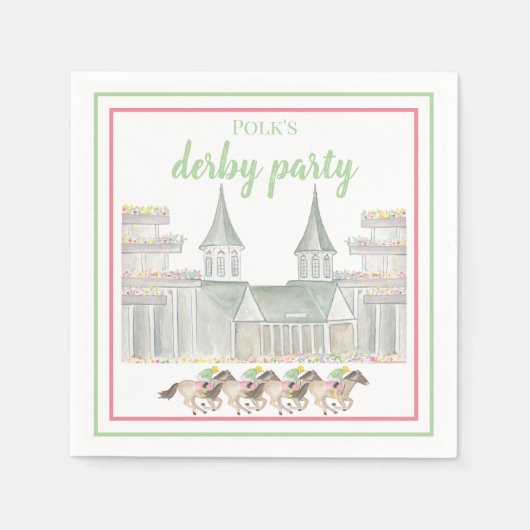 ウォーターカラーダービーパーティージョッキーズ競馬カスタム スタンダードカクテルナプキン (正面)