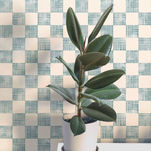 ウォーターカラーチェッカー シーフォームクリーム 幾何学模様 壁紙 (Geometric checker square patterned watercolor sea foam blue green and cream wallpaper)