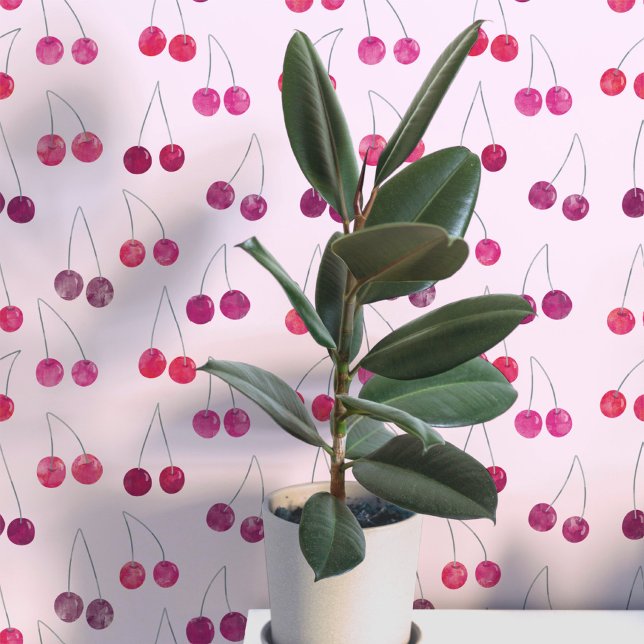 ウォーターカラーチェリーパターン ピンク 壁紙 (Sweet watercolor cherry pattern art wallpaper in pink )