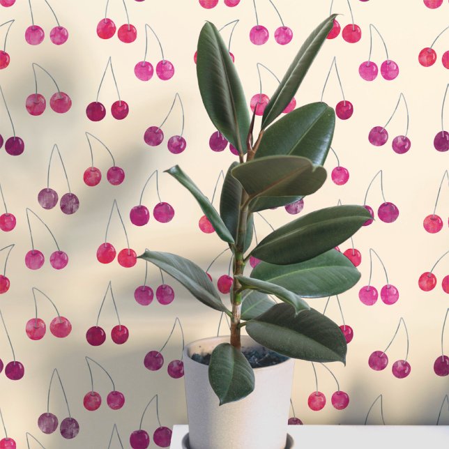 ウォーターカラーチェリーパターン 壁紙 (Sweet watercolor cherry pattern art wallpaper In cream)