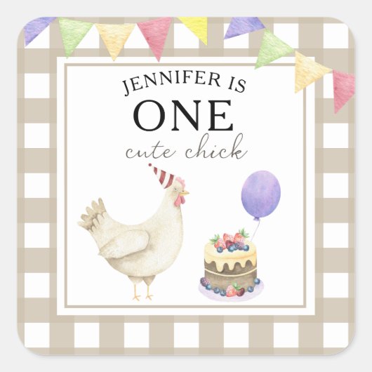 ウォーターカラーチック1歳の誕生日 スクエアシール (正面)