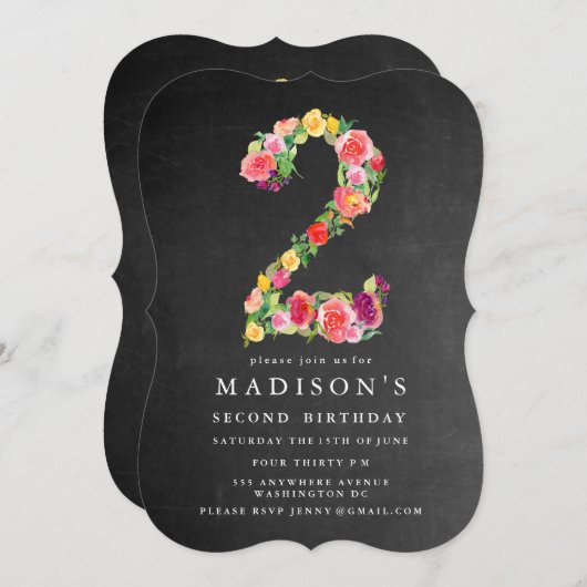 ウォーターカラーチャルクボードガールズ2ndバースデー招待状 招待状 (正面/裏面)