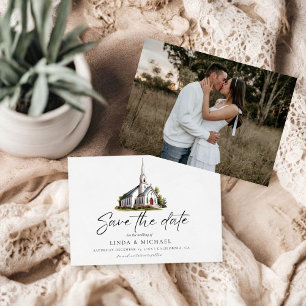 ウォーターカラーチャーチハウスイラストレーション結婚ズ セーブザデート