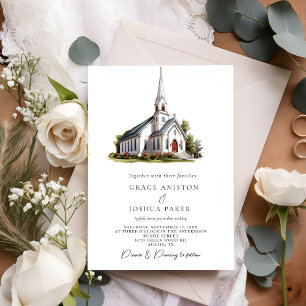 ウォーターカラーチャーチハウスイラストレーション結婚ズ 招待状