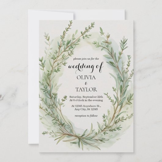 ウォーターカラーティメローズマリースプリグリース結婚ズ 招待状 (正面)