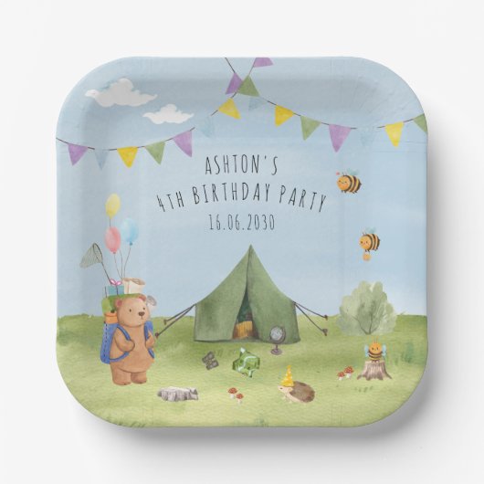 ウォーターカラーテディベア、冒険の誕生日 ペーパープレート (正面)