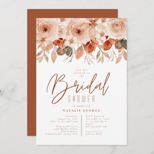 ウォーターカラーテラコッタフラワーズ秋ブライダルシャワー 招待状 (正面/裏面)