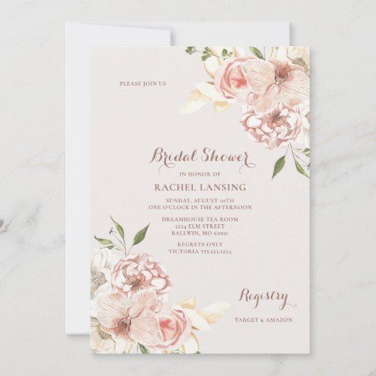 ウォーターカラーデイリリーとバラブライダルシャワー 招待状 (正面)