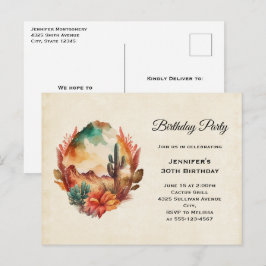 ウォーターカラーデザートサボテンと山の誕生日 インビテーションポストカード