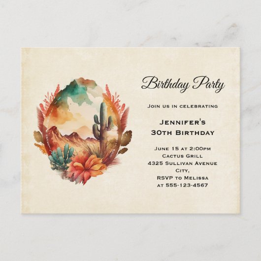 ウォーターカラーデザートサボテンと山の誕生日 インビテーションポストカード (正面)