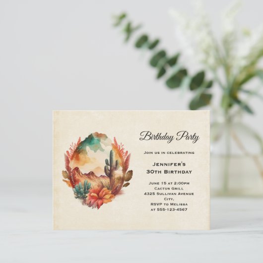 ウォーターカラーデザートサボテンと山の誕生日 インビテーションポストカード (スタンド正面)