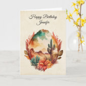 ウォーターカラーデザートサボテンと山の誕生日 カード (黄色い花)