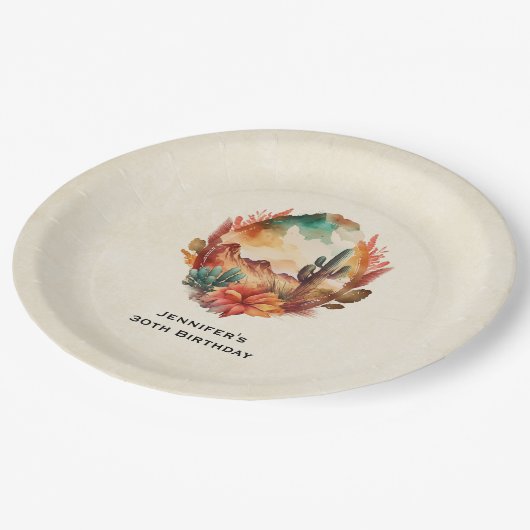 ウォーターカラーデザートサボテンと山の誕生日 ペーパープレート (アングル)