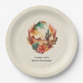 ウォーターカラーデザートサボテンと山の誕生日 ペーパープレート (正面)