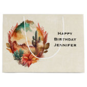 ウォーターカラーデザートサボテンと山の誕生日 ラージペーパーバッグ (正面)