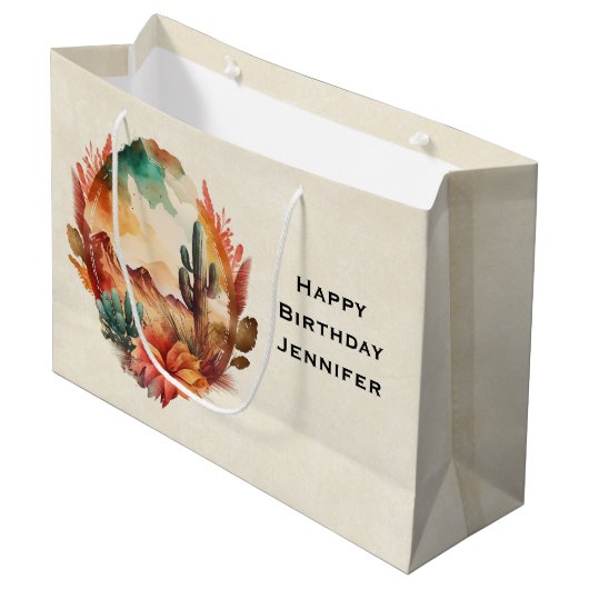 ウォーターカラーデザートサボテンと山の誕生日 ラージペーパーバッグ (正面アングル)