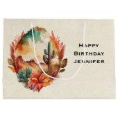 ウォーターカラーデザートサボテンと山の誕生日 ラージペーパーバッグ (裏面)