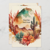 ウォーターカラーデザートサボテンと山の誕生日 招待状 (正面/裏面)