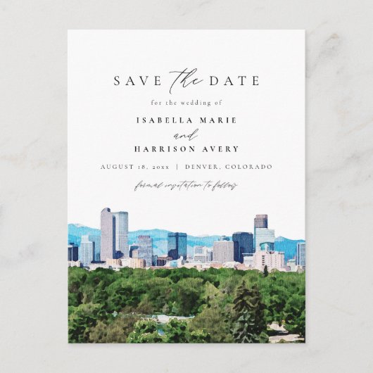 ウォーターカラーデンバーコロラドスキーマウンテンスカイライン ポストカード (正面)