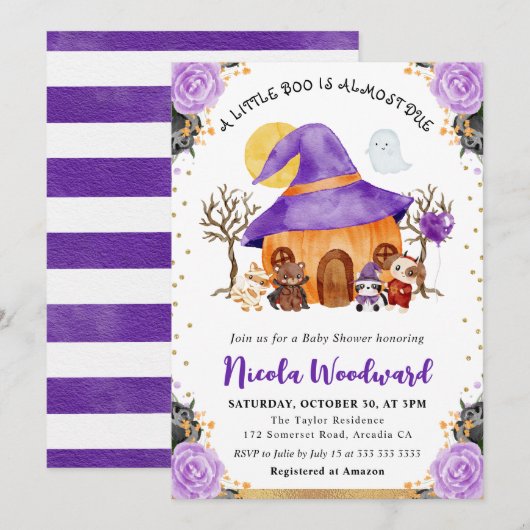 ウォーターカラートリックまたはハロウィーンベイビーシャワーを治療 招待状 (正面/裏面)