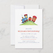 ウォーターカラートレインレッドブルーパステル誕生日 招待状 (正面)