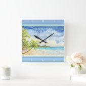 ウォーターカラートロピカルパラダイスビーチハウスパームスアート スクエア壁時計 (ホーム)