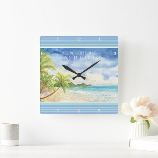 ウォーターカラートロピカルパラダイスビーチハウスパームスアート スクエア壁時計 (ホーム)