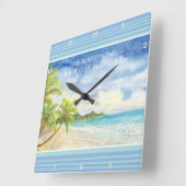 ウォーターカラートロピカルパラダイスビーチハウスパームスアート スクエア壁時計 (傾斜)