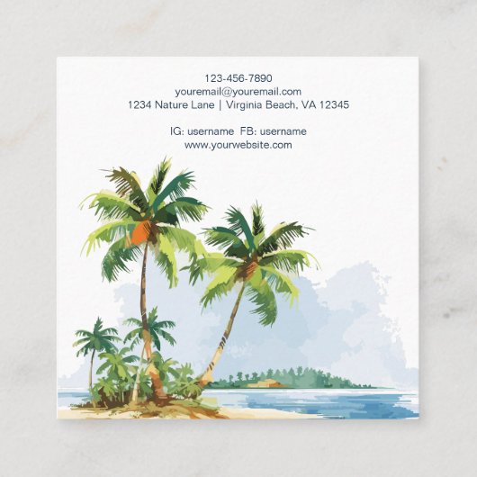 ウォーターカラートロピカルパームツリーズビーチ スクエア名刺 (裏面)