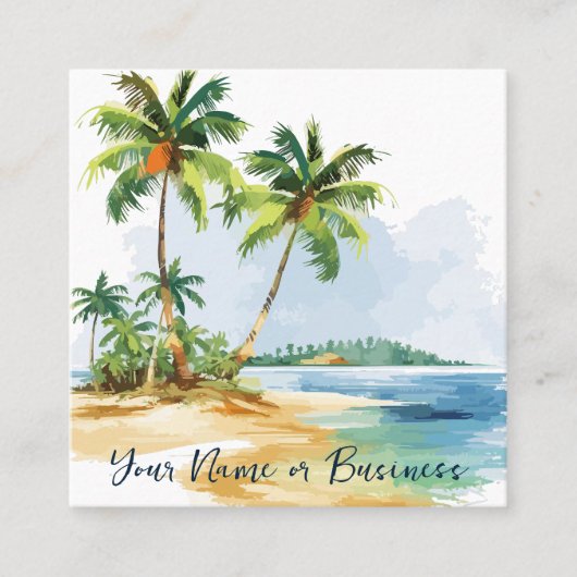 ウォーターカラートロピカルパームツリーズビーチ スクエア名刺 (正面)