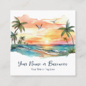ウォーターカラートロピカルパームツリービーチサンセット スクエア名刺 (正面)