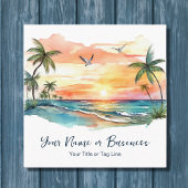 ウォーターカラートロピカルパームツリービーチサンセット スクエア名刺