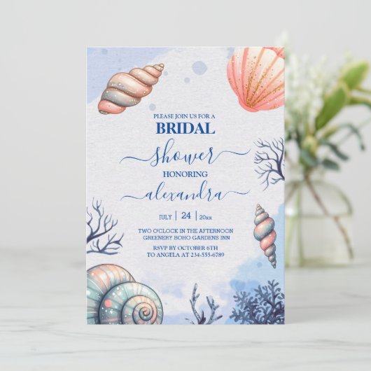 ウォーターカラートロピカルビーチシーシェルブライダルシャワー 招待状 (スタンド正面)