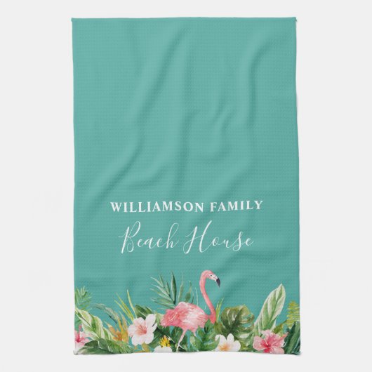 ウォーターカラートロピカルフローラビーチハウス キッチンタオル (縦)