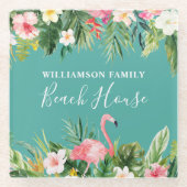 ウォーターカラートロピカルフローラファミリーネームビーチハウス ガラスコースター (正面)