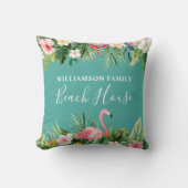 ウォーターカラートロピカルフローラファミリーネームビーチハウス クッション (正面)
