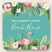 ウォーターカラートロピカルフローラファミリーネームビーチハウス コースター (正面)