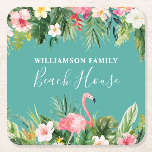 ウォーターカラートロピカルフローラファミリーネームビーチハウス スクエアペーパーコースター (正面)