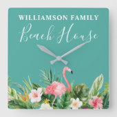 ウォーターカラートロピカルフローラファミリーネームビーチハウス スクエア壁時計 (正面)